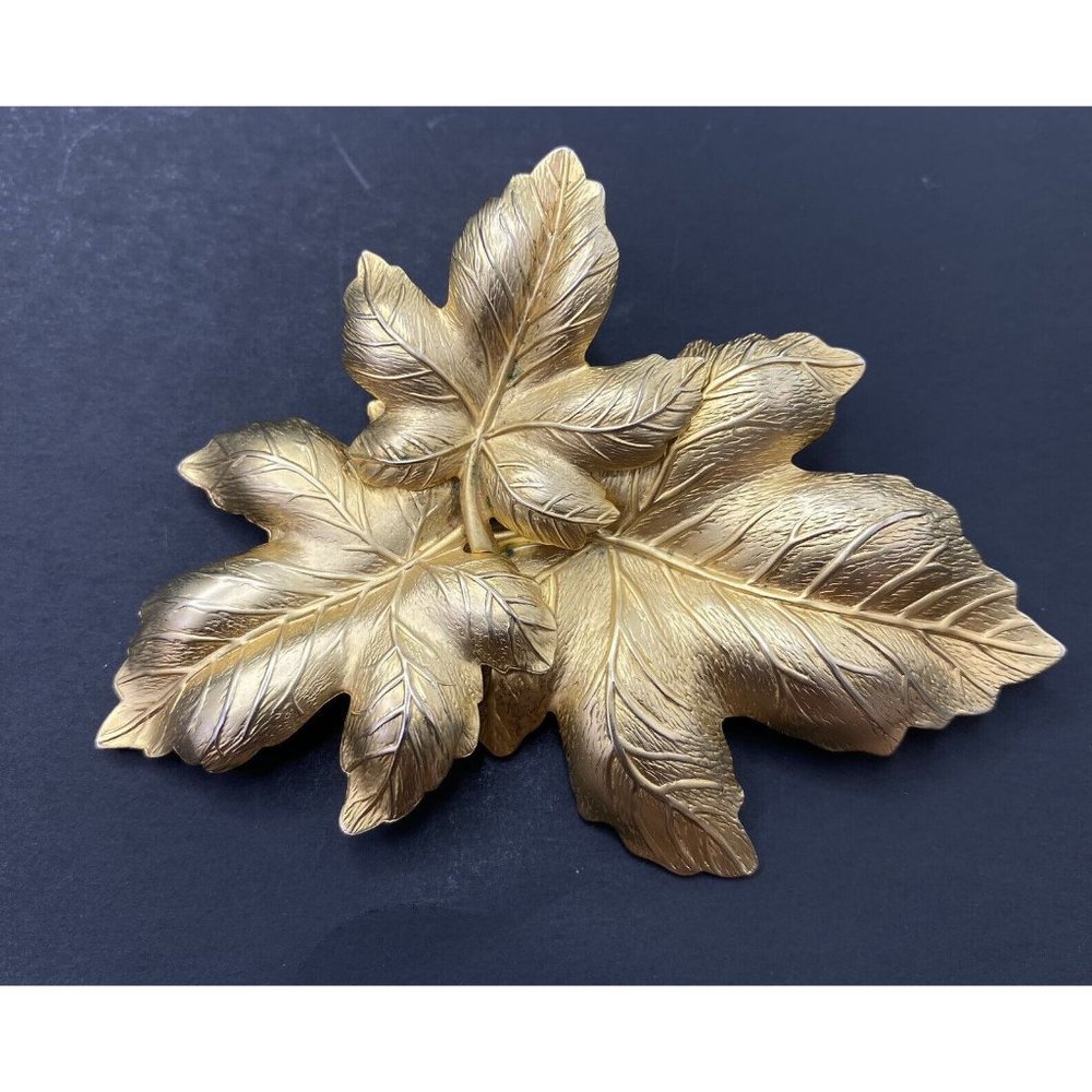 Vintage Triple Leaf Brooch Matte Gold Tone Statement Piece 3” Pin